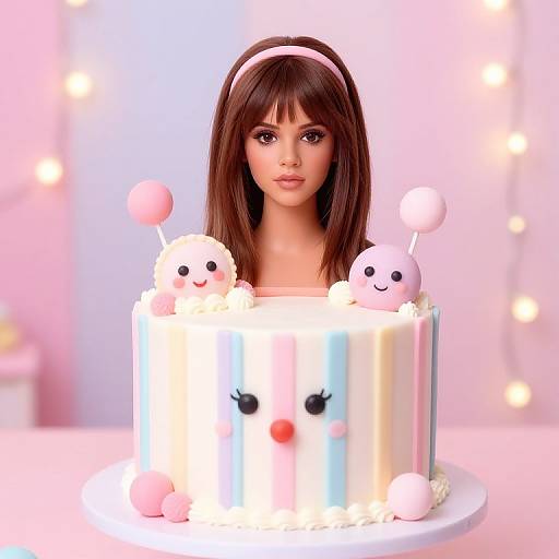 Digital CGI image of a brown-haired doll with pink headband, surrounded by pastel-colored cake adorned with cute white pom-pom birds.