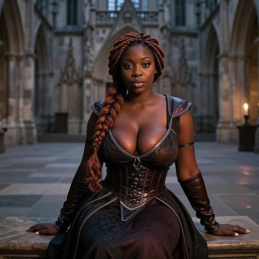 Photorealistic digital art of a dark-skinned woman with braided hair, large breasts, wearing a black, medieval-style corset dress, seated