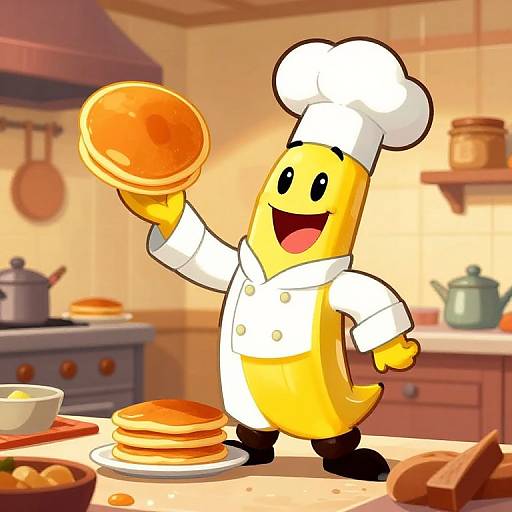 Cheerful Banana Chef Tossing Pancakes