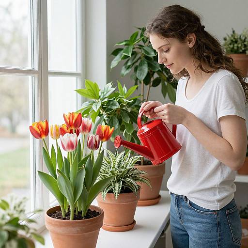 Woman Watering Tulips by Window