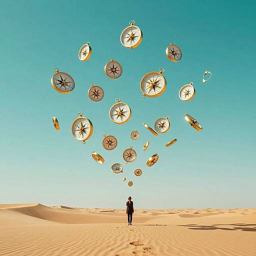 Photograph of a person standing in a vast desert, surrounded by floating compasses, under a clear blue sky.