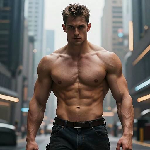 Photograph of a muscular, shirtless, handsome man with short brown hair, standing in a city street, wearing black pants, with skyscrapers