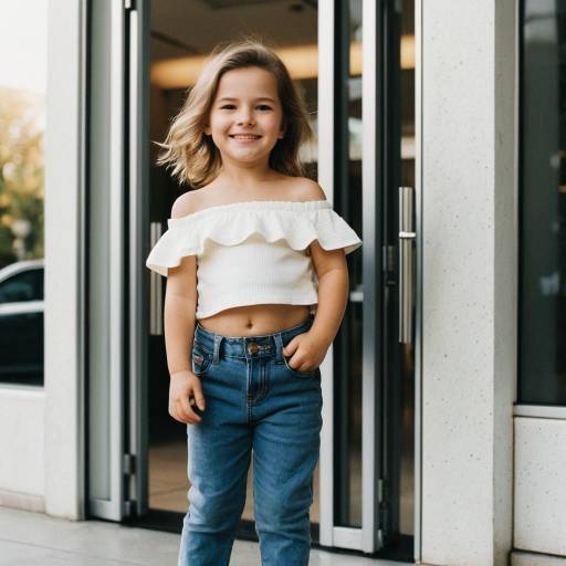 Smiling Toddler Girl in Off-Shoulder Top and Jeans