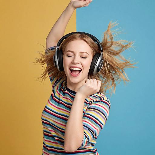 Photograph of a joyful young woman with light brown hair, wearing large headphones, a colorful striped shirt, and dancing against a yellow and blue background.
