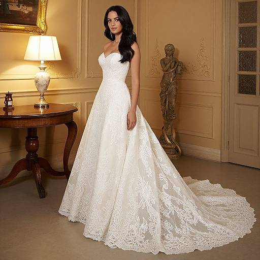 Photograph of a beautiful, dark-haired woman in a white, lace-embellished, strapless wedding gown standing in an elegant, warmly lit