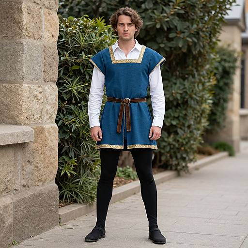 Photograph of a young man with curly brown hair, wearing a blue medieval-style tunic with gold trim, white shirt, black pants, and black