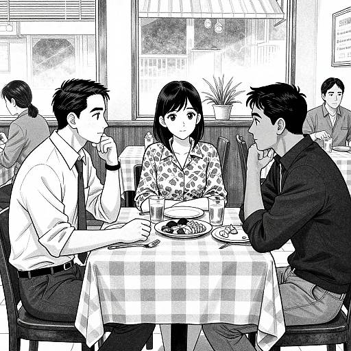 Black-and-white manga-style drawing of three young adults eating at a restaurant. Two men and one woman with patterned shirt sit at a checkered table