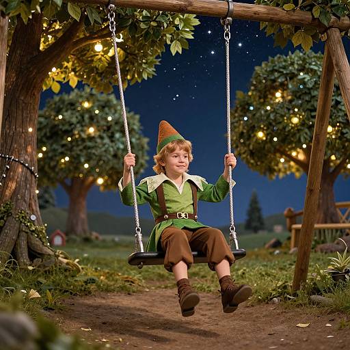 Photograph of a young boy in a green elf costume with brown pants and boots, sitting on a swing under a starlit night sky, surrounded by