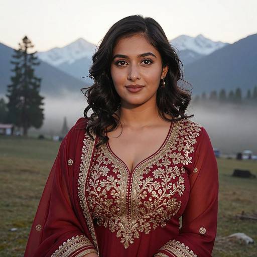 Photograph of a young South Asian woman with wavy black hair, wearing a red embroidered traditional dress, standing in a misty mountainous landscape at
