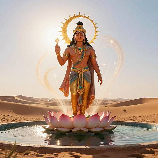 Photograph of a radiant Hindu deity with a golden halo, standing on a lotus flower in a desert, wearing ornate jewelry and traditional attire,