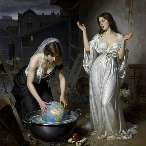Digital painting: Dark-haired woman in white gown raises hands, while another in black dress pours water on globe in a pot, ruined cityscape background,