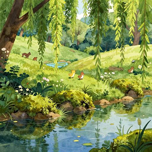 Colorful digital painting of a sunlit forest stream with lush greenery, hanging willow branches, small brown rabbits, and a calm water surface reflecting