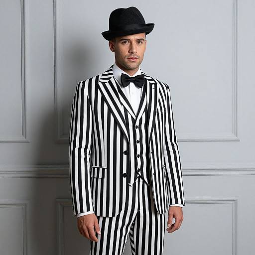 Photograph of a man in black and white vertical striped suit, black bow tie, and black bowler hat, standing against a white paneled wall