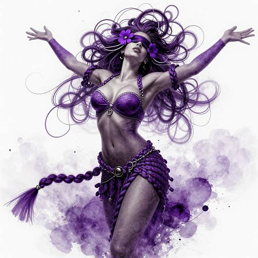 Digital art of a dark-skinned, long-haired woman in a purple bikini and skirt, blindfolded, arms raised, surrounded by purple water spl