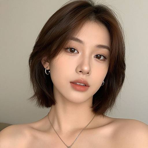 Photograph of an Asian woman with fair skin, short brown hair, brown eyes, wearing small hoop earrings and a thin gold necklace, against a plain