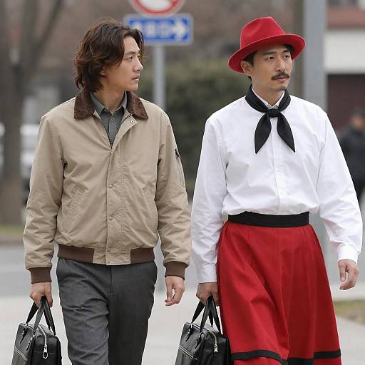 Two men walking outdoors with black bags