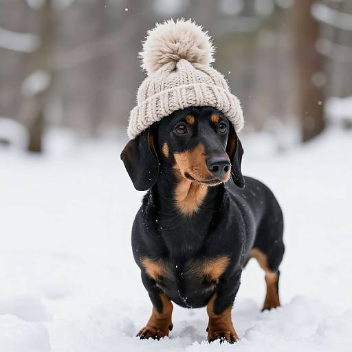Photograph of a black and tan dachshund wearing a white, fluffy knit hat with a pom-pom, standing in snowy forest.