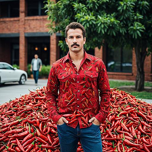Man in Chili Pepper Shirt Standing by Pile of Red Chili Peppers