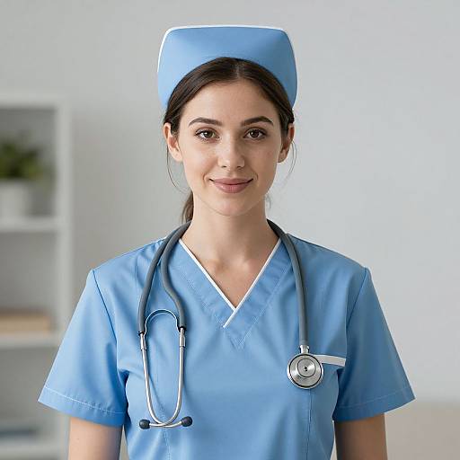 Photograph of a smiling young female nurse with fair skin, dark hair in a ponytail, wearing blue scrubs and a matching cap, steth