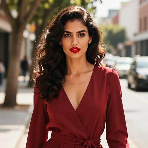 Photograph of a confident woman with long, wavy dark hair, wearing a deep red V-neck blouse, standing on a sunlit urban street with