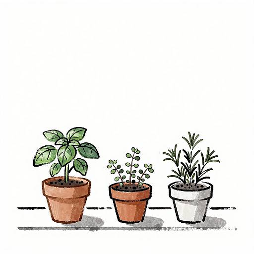 Minimalist Sumi-e Potted Herb Plants