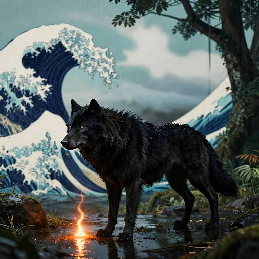 Fluffy Black Werewolf in Rainforest Night