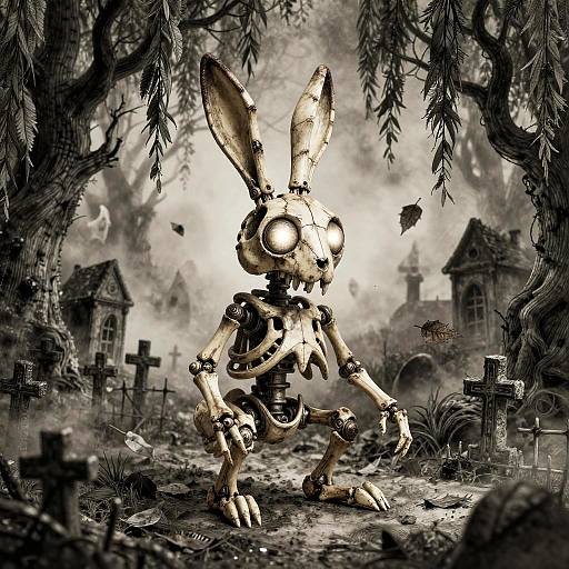 Digital artwork of a creepy, glowing-eyed, skeletal rabbit robot standing in a dark, eerie graveyard with dilapidated houses and twisted trees.