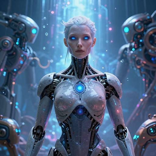 Digital artwork of a blonde, blue-eyed, cybernetic woman with glowing blue lights, surrounded by robotic figures in a futuristic, blue-lit environment