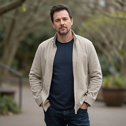 Photograph of a bearded man with dark hair, wearing a beige cardigan over a black shirt, hands in pockets, standing outdoors in a blurred