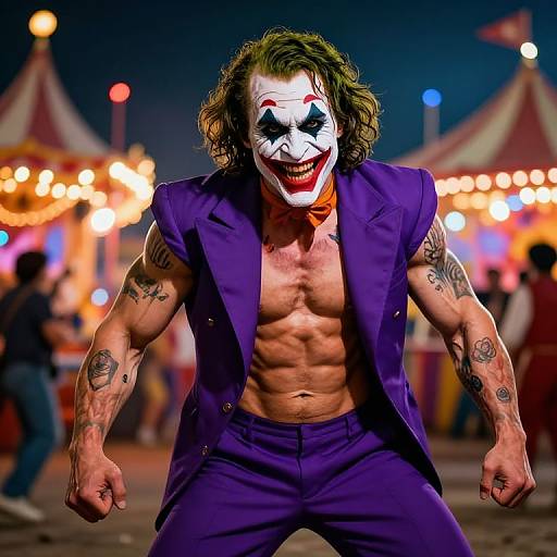 Photograph of a muscular Joker with white face paint, black eye makeup, and green hair, wearing a purple suit and bow tie, kneeling at a