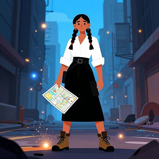 Digital illustration of a braided-haired woman in a white blouse, black skirt, and brown boots, holding a map in a dim, blue-lit
