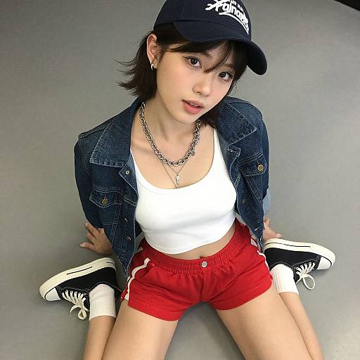 Young Asian woman with short black hair, wearing a black cap, denim jacket, white crop top, red shorts, and black Converse sneakers, sitting