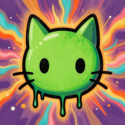 Digital art of a neon green, cat-like creature with black eyes and whiskers, surrounded by vibrant, swirling orange, blue, and purple colors.