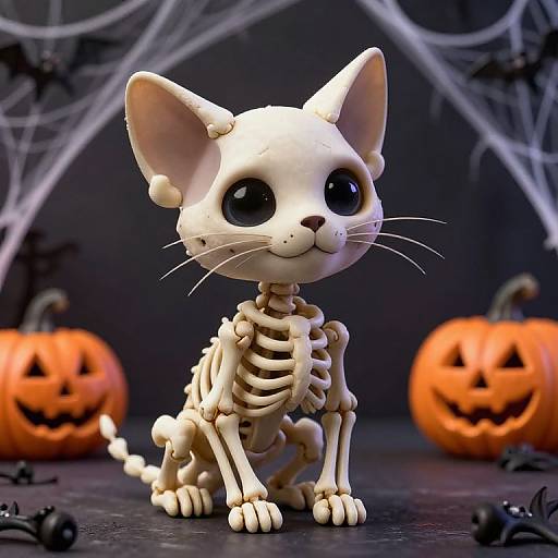 Photograph of a cute, white, skeleton-themed cat figurine with large black eyes, set against a Halloween background with carved pumpkins and spider webs