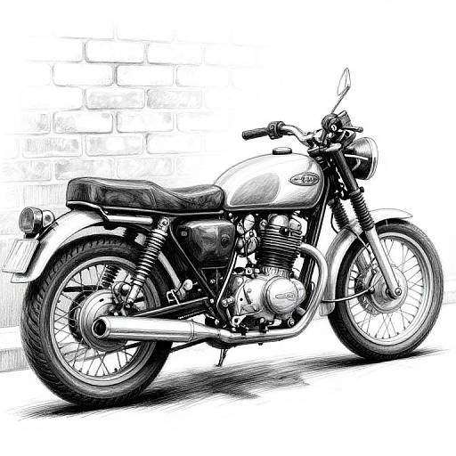 Monochrome digital drawing of a classic motorcycle with a retro design, detailed engine, and black leather seat, set against a brick wall background.