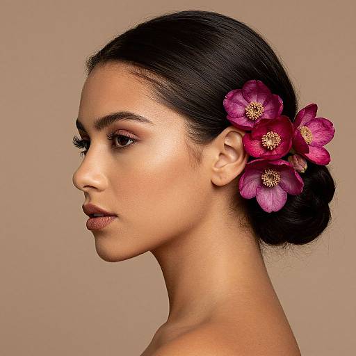 Photograph of a side-profile woman with dark hair in an updo, adorned with pink flowers, light brown skin, and subtle makeup. Beige