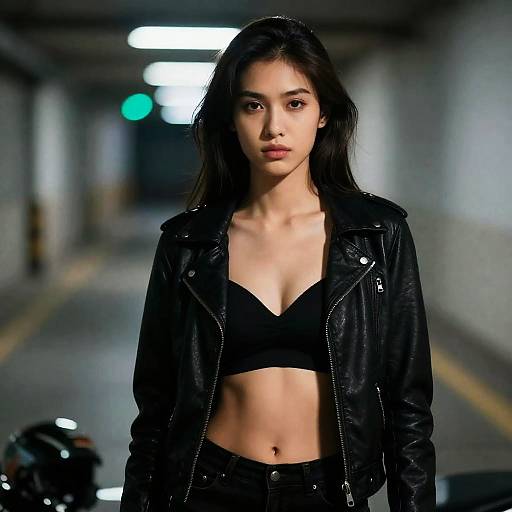 Photograph of an Asian woman with long black hair, wearing a black leather jacket and bra, standing in a dimly lit, industrial corridor with blurred