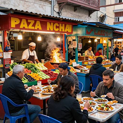 Vibrant street-side pizzeria with a chef cooking over an open flame, serving diverse diners enjoying meals at blue plastic chairs.
