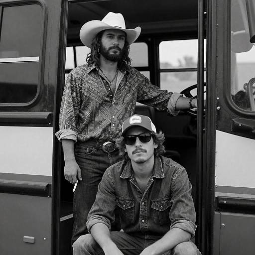 Candid Black-and-White Cowboy Encounter