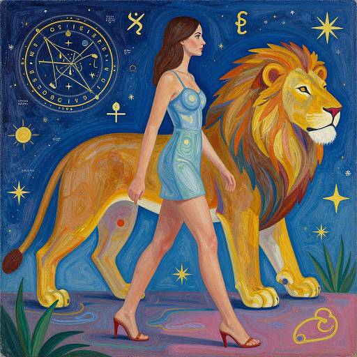 Digital painting of a woman in a blue dress and red heels walking a majestic lion under a starry night sky with zodiac symbols.