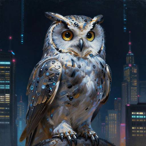 Digital artwork of a glowing, detailed owl with large yellow eyes perched on a ledge against a neon-lit, futuristic city skyline at night.