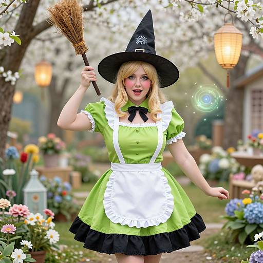 Blonde woman in green witch costume with black hat and white apron, holding broom, standing in colorful garden at night. Digital art.