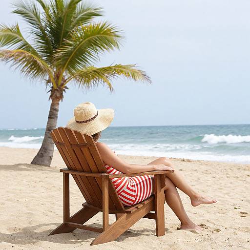 Photograph of a woman in red and white striped swimsuit and straw hat, relaxing on a wooden beach chair, facing ocean, with a palm tree
