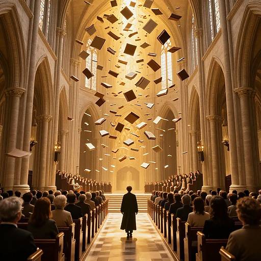 Photograph of a grand cathedral with soaring arches, warm golden light, and floating books. A solitary figure in a long coat walks down the central