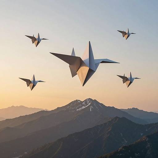 Photograph of five paper airplanes soaring above a mountain range at sunrise, with a gradient sky from orange to blue.