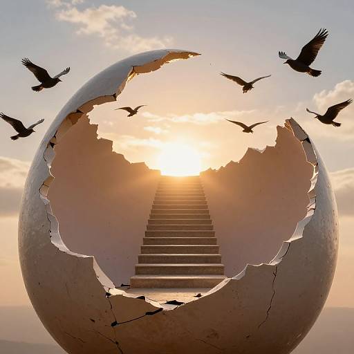 Photograph: Silhouetted birds fly around a cracked, broken globe revealing a sunlit staircase ascending into a bright, cloudy sky.