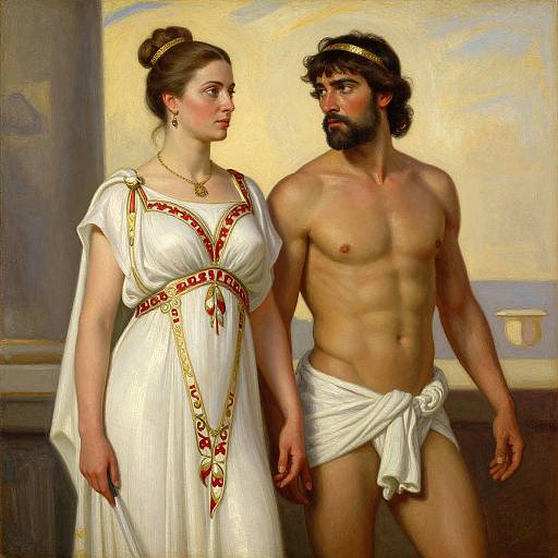 Classical painting of a muscular, bearded man with a white loincloth and a woman in a white, gold-embroidered gown,