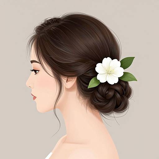 Digital illustration of a fair-skinned woman in profile, black hair in a braided bun with a white flower and green leaves.