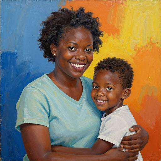 Photorealistic painting of a smiling African mother with curly hair, wearing a light blue shirt, hugging her son with short curly hair, in white
