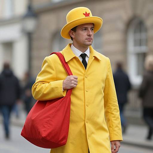 Photograph of a man in a bright yellow coat and hat, with a red bag, walking on a city street.